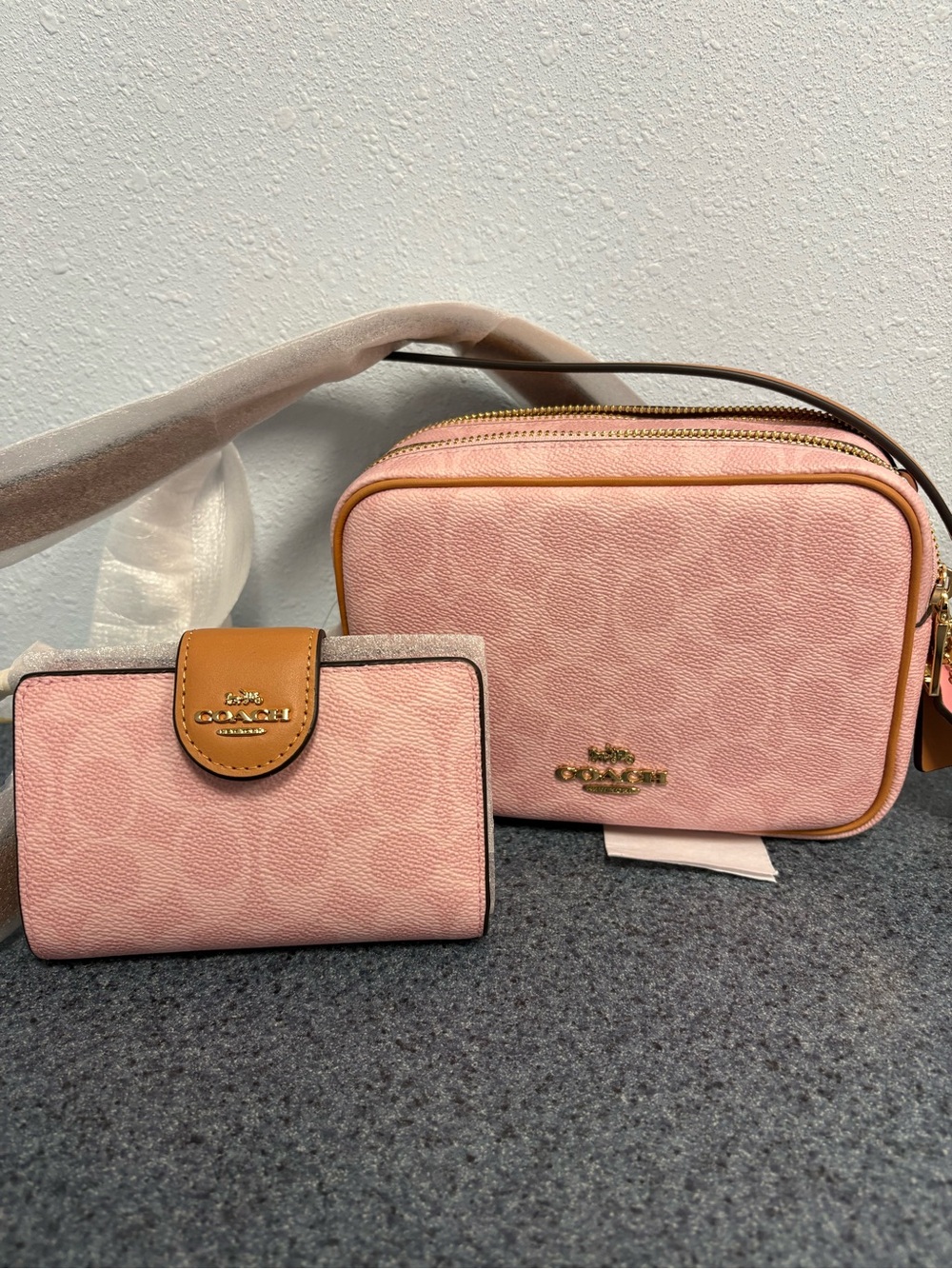 Coach Pink powderSignature Crossbody and Wallet Set with Tan Accents